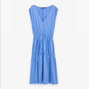 NWT ZARA Tiered V-Neck Light Blue Midi Dress